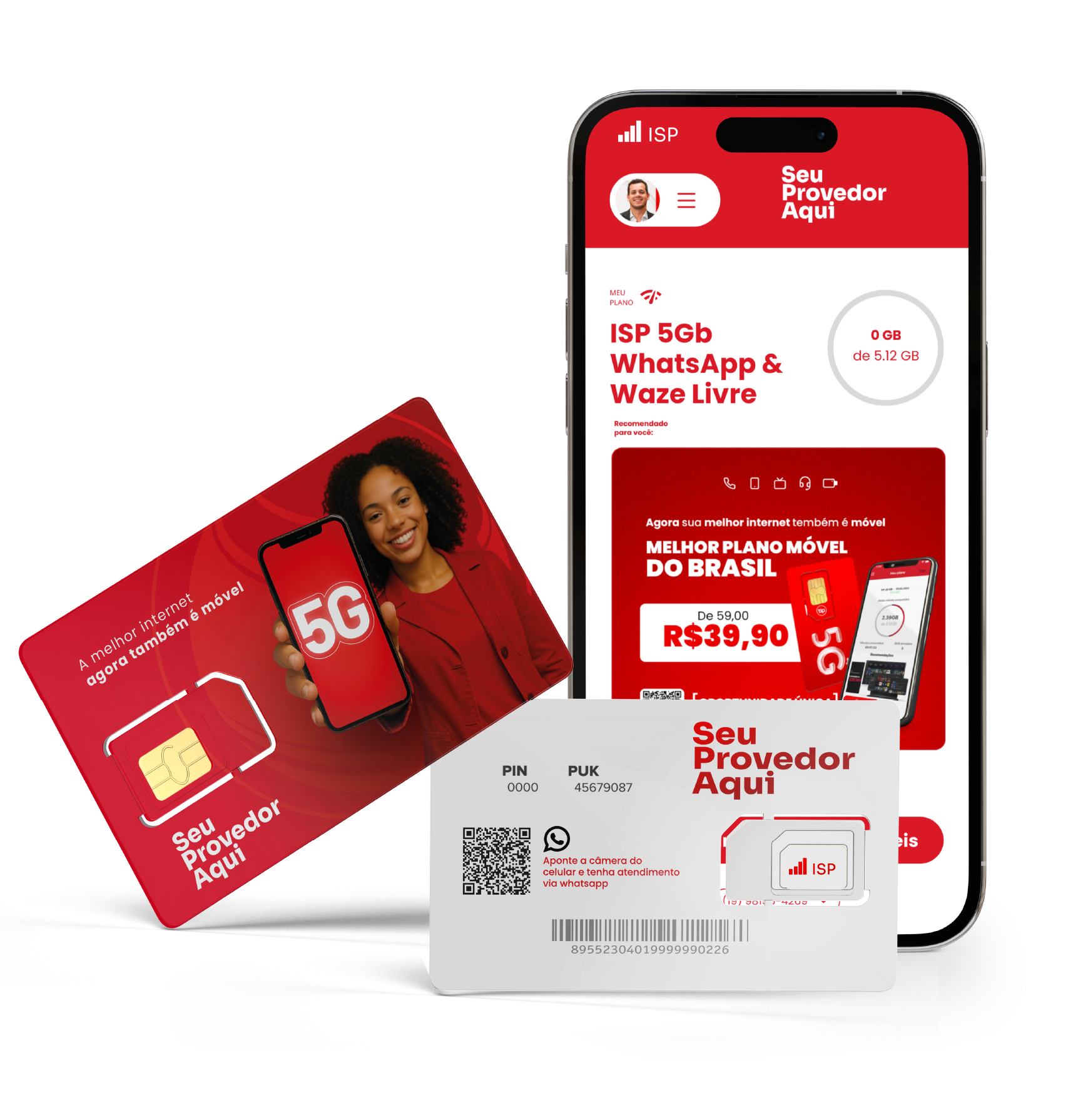 Smartphone com app personalizado, SIM card e documentação MVNO